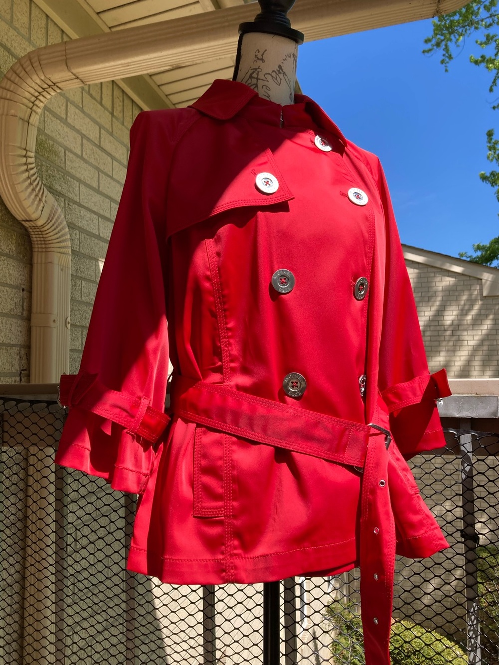 Michael Kors Red Belted Cropped Trench Coat Silver Hardware